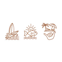 Beach Icons: Surfboard, Fish, Tropical Island with Shaka Sign © Cicii