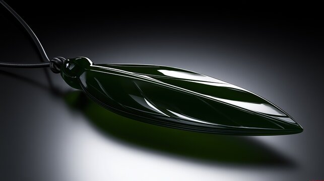 Emerald-green jade silique-shaped pendant on dark background, realistic lighting, clean layout, generous copy space