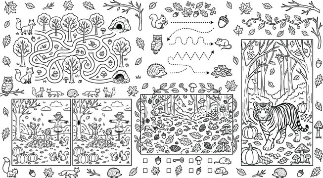Autumn forest activity book page for kids featuring maze puzzle find differences tracing and tiger coloring