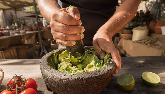Hands grinding fresh avocados in a traditional stone mortar to prepare guacamole in a rustic market setting with fresh ingredients around.