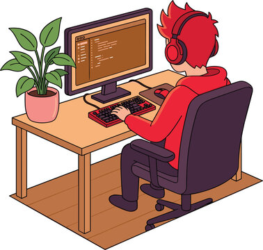 Isometric vector illustration of a programmer with headphones typing code on computer at office desk isolated on white background