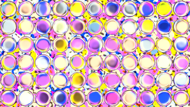 Playful Anime Candy Glass Bubbles Grid Over Warm Sunset Orange Magenta Fluid