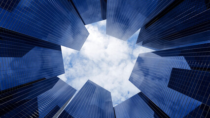 Low angle 3D render of glass skyscrapers modern office buildings looking up at the cloudy sky. Perfect for corporate headers, finance website banners, and business presentation backdrops © ilham
