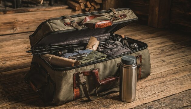 Tactical bag open with personal items, outdoor gear, firearms, and metal water bottle in rustic wooden setting, adventure preparation and travel