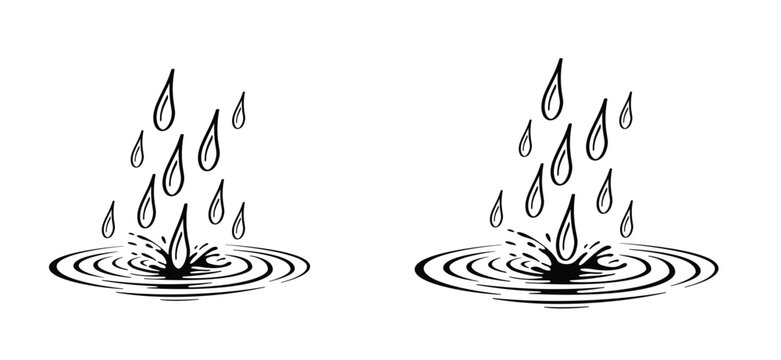 Water drop. Falling water droplets that land on a water surface. The impact of the droplet forms water ripples that spread outwards. Water drop and splash concept. Raindrops.