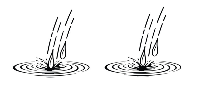 Water drop. Falling water droplets that land on a water surface. The impact of the droplet forms water ripples that spread outwards. Water drop and splash concept. Raindrops.