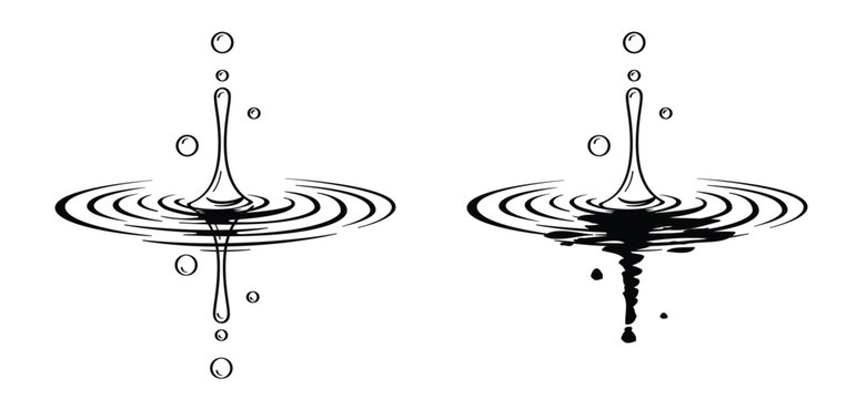 Water drop. Falling water droplets that land on a water surface. The impact of the droplet forms water ripples that spread outwards. Water drop and splash concept. Raindrops.
