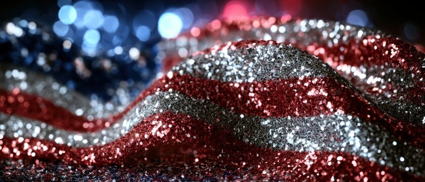 Sparkling red silver blue sequin fabric with bokeh lights