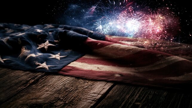 American flag on wood with fireworks background