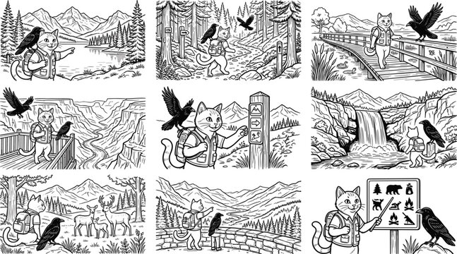 Cute cartoon cat ranger and raven guide hiking national parks landscapes coloring book pages bundle set vector illustration