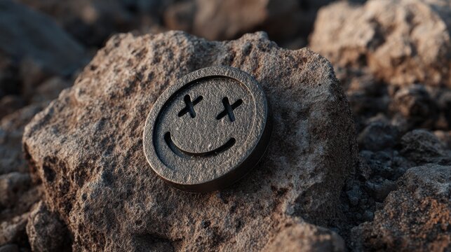 Smiley face imprinted on a rock symbolizing nature and joy in a whimsical and earthy presentation