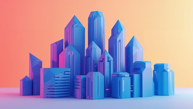 Modern Blue Glass Skyscrapers Architectural Model Display with Pink and Blue Background