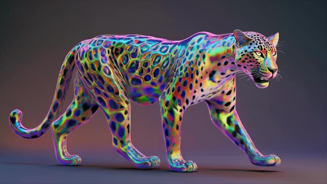 Vibrant multi colored iridescent leopard walking on dark background.