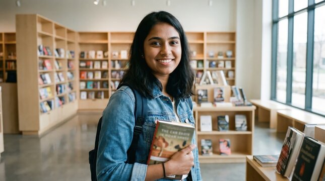 Campus Life Concept: Smiling Indian Student Browsing Books in Modern Minimalist University Bookstore