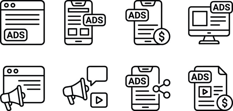 Set of online advertising and digital marketing line icons featuring mobile ads browser promotion and video monetization strategy