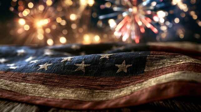 Vintage american flag with bokeh fireworks celebration at night