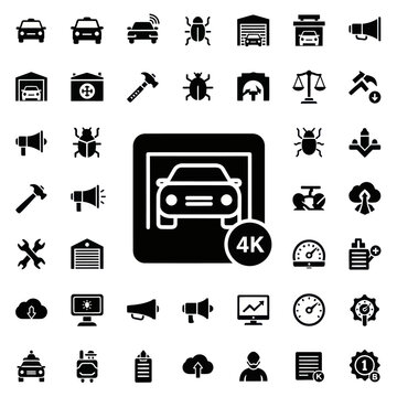Car Garage Icon with 4K Sign, Set of Icons for Technology and Automotive