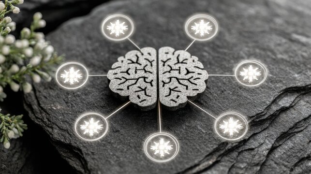 Unique brain model resting on a rock symbolizing the intersection of nature and neuroscience in an artistic representation