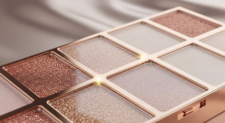 Fototapeta premium Open makeup eyeshadow palette with colorful shimmering powder squares for professional beauty eye makeup looks. glitter eyeshadow holder