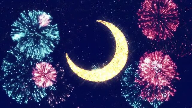 Crescent moon illustration surrounded by colorful floral decorations on night sky background