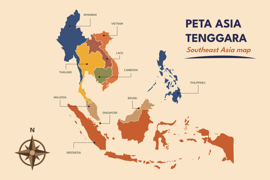 Southeast Asia map infographic with ASEAN countries.Southeast Asia Map concept. Colored flat graphic vector ilustration isolated