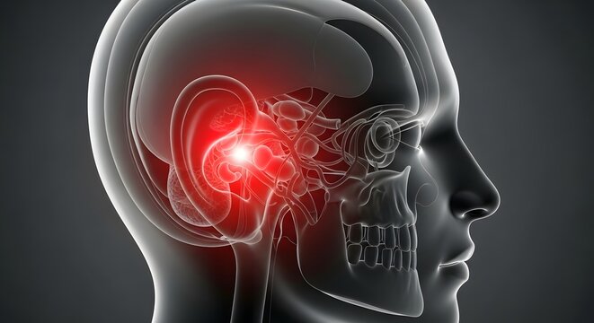Medical Anatomy Illustration Showing Inner Ear Infection and Inflammatory Pain Area