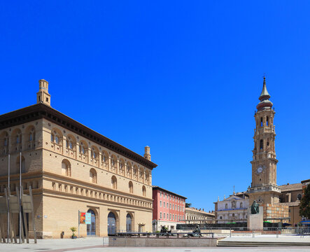Cathedral of the Savior of Zaragoza Clock tower and historic buildings in sunny Zaragoza, Spain