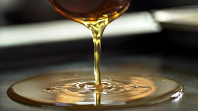 Golden honey pouring smoothly into container showcasing natural sweetness and texture