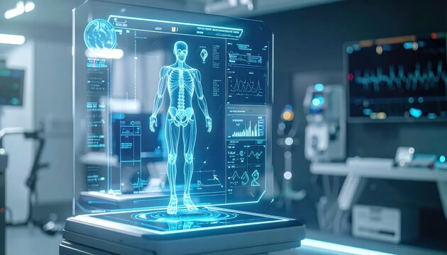 Full body human skeleton hologram in modern medical lab.