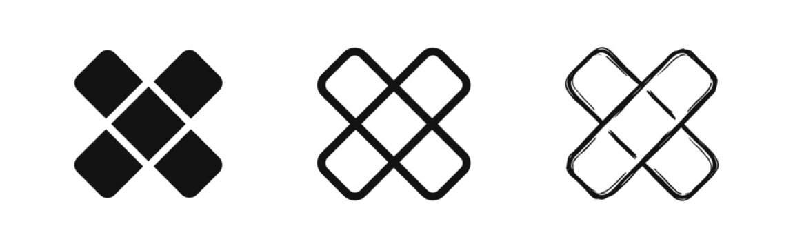 Abstract interlocking geometric X shape icon set. Pattern, multiply, or connection symbol, in solid, outline, and hand-drawn styles.