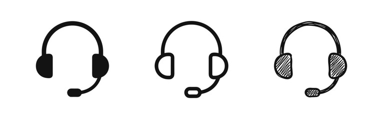 Customer support headset with microphone icon set in solid, outline, and hand-drawn sketch styles © drawing lines