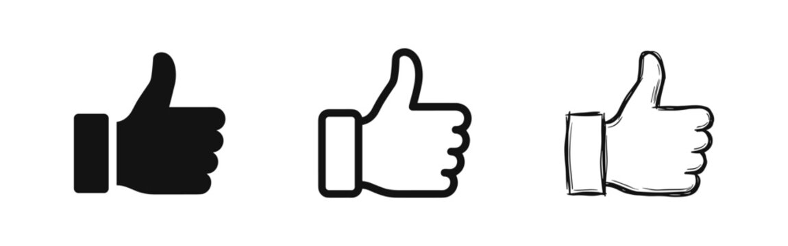 Thumbs up like icon set representing approval and positive feedback in solid, outline, and sketch styles