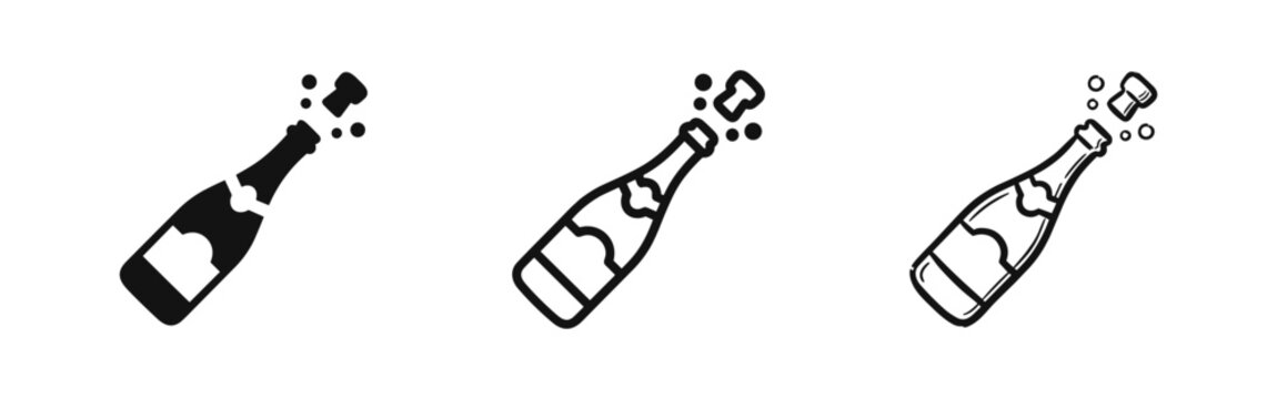 Exploding champagne bottle icon set. Party celebration vector illustration in solid, line, and doodle styles.