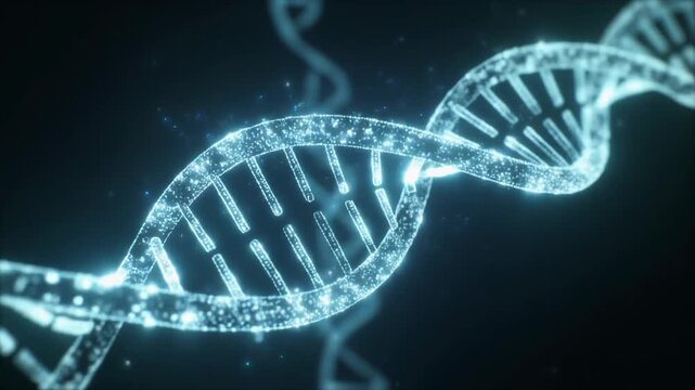 DNA Helix Glowing on a Blue Scientific Background with Light and Energy Particles