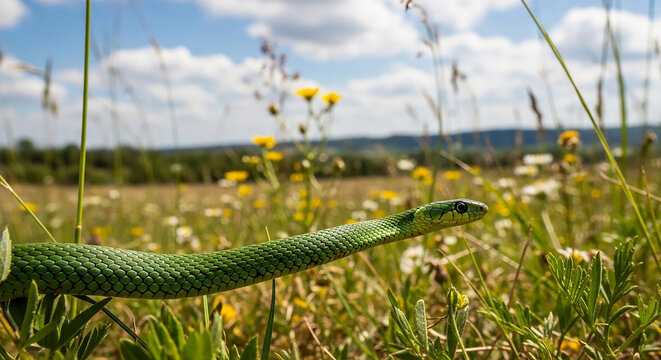Close-up of young corn cob growing in sunny summer agricultural field with wildflowers