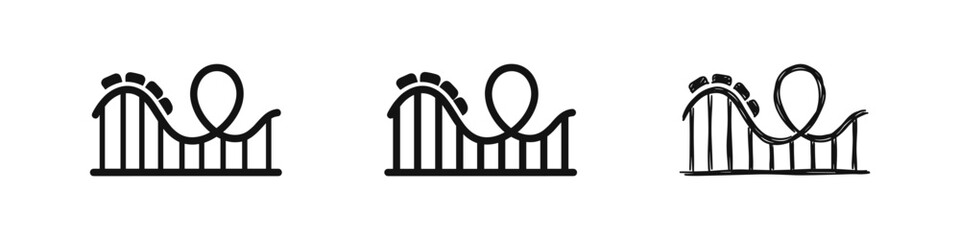 Rollercoaster icon set. Amusement park, fun, and thrill ride symbols in solid, outline, and sketchy hand-drawn styles. © drawing lines