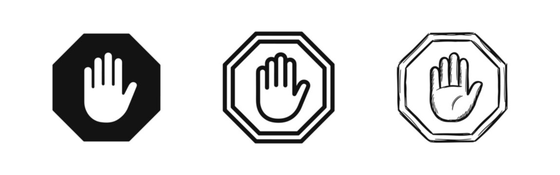 Stop hand sign icon set. Caution, warning, or prohibition symbols in solid, outline, and sketchy hand-drawn styles.