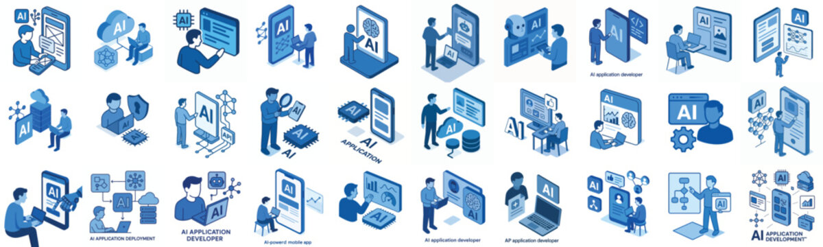 Isometric vector icon AI Application Developer blue color