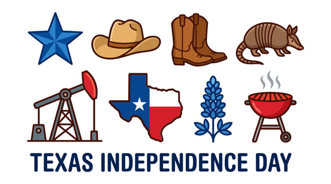 Collection of texas independence day symbols including lone star hat boots armadillo oil rig map and barbecue