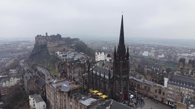 Aerial View Drone shot of Royal Mile, Edinburgh Castle, Old Town, Scott Monument, Edinburgh,  Scotland, United Kingdom
