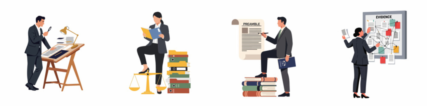 Set of flat vector illustrations featuring legal professionals engaged in research, evidence analysis, and case preparation for law and justice concepts.
