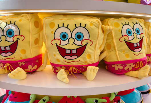 Istanbul, Turkey, June 10, 2926. A SpongeBob SquarePants stuffed toy sits on a shelf in a store.