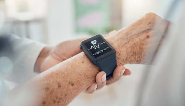 Close-Up of Senior Hand with Smartwatch Displaying Heart Rate Monitor on Vibrant Background in Healthcare Setting