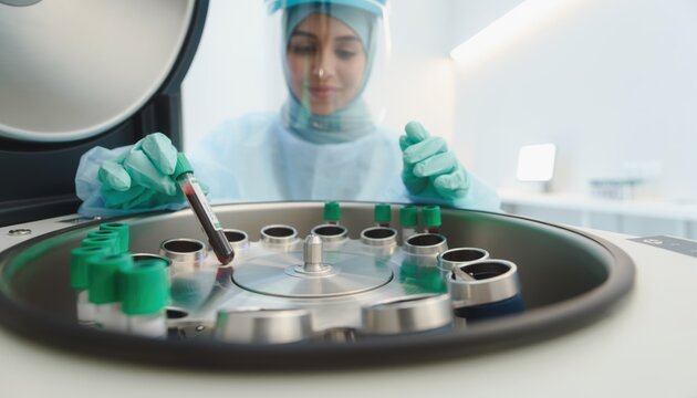 Scientist in laboratory processing blood samples in centrifuge with precision and care, showcasing advanced medical technology and sterile environment