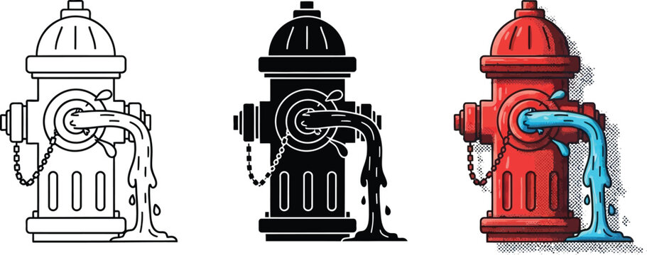 Set of fire hydrant icons water flowing from nozzle vector illustration for emergency services and urban design concepts
