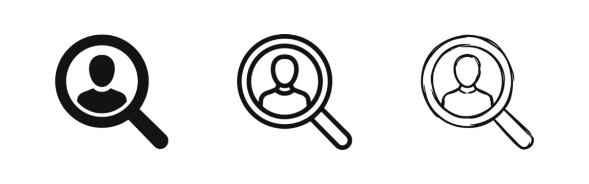 Recruitment and user search icons set in solid, outline and hand drawn styles for HR and job hunting design