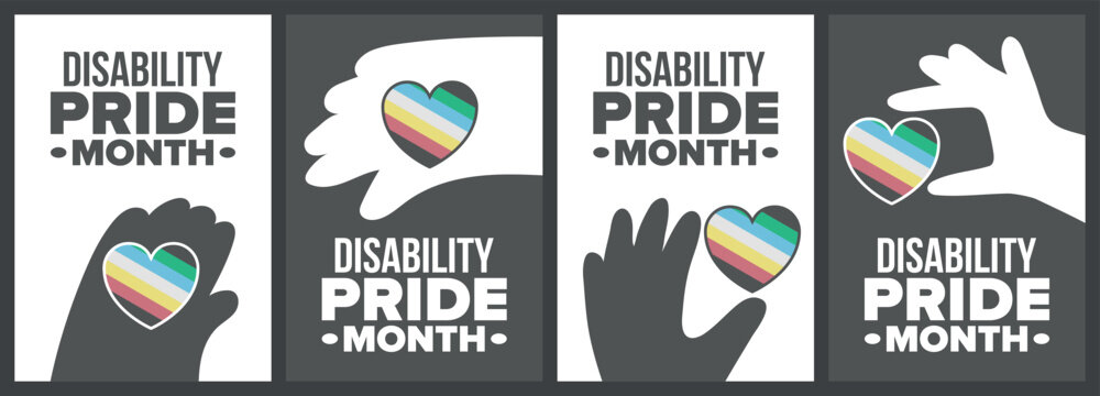 Disability Pride Month Poster Set with Charcoal Grey and White Banners Featuring Disability Flag Colorful Hearts and Supportive Hand Silhouettes