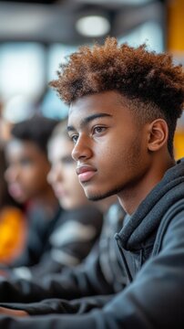 A focused young man with curly hair sits in a classroom setting, using a blurred background to emphasize student concentration and education.
