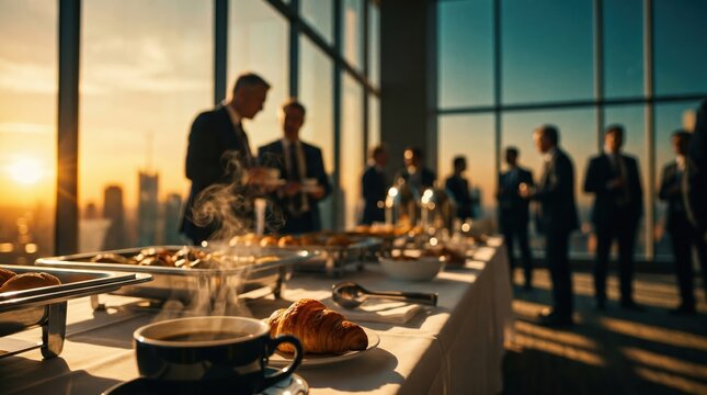 Business breakfast buffet with steaming coffee and fresh croissants in high-rise office overlooking city skyline for corporate networking event