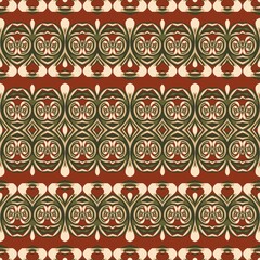 Fototapeta premium Horizontal seamless border pattern featuring intricate mid-century modern geometric elements and symmetric abstract ornaments in an earthy color palette.
